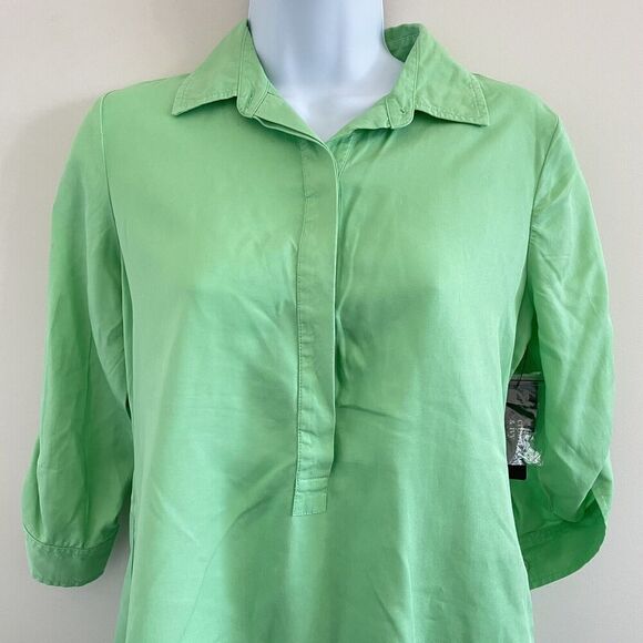 NWT Crown & Ivy Green Collared Henley Blouse Popover Roll Tab Slv Pockets Sz PP - Picture 2 of 6